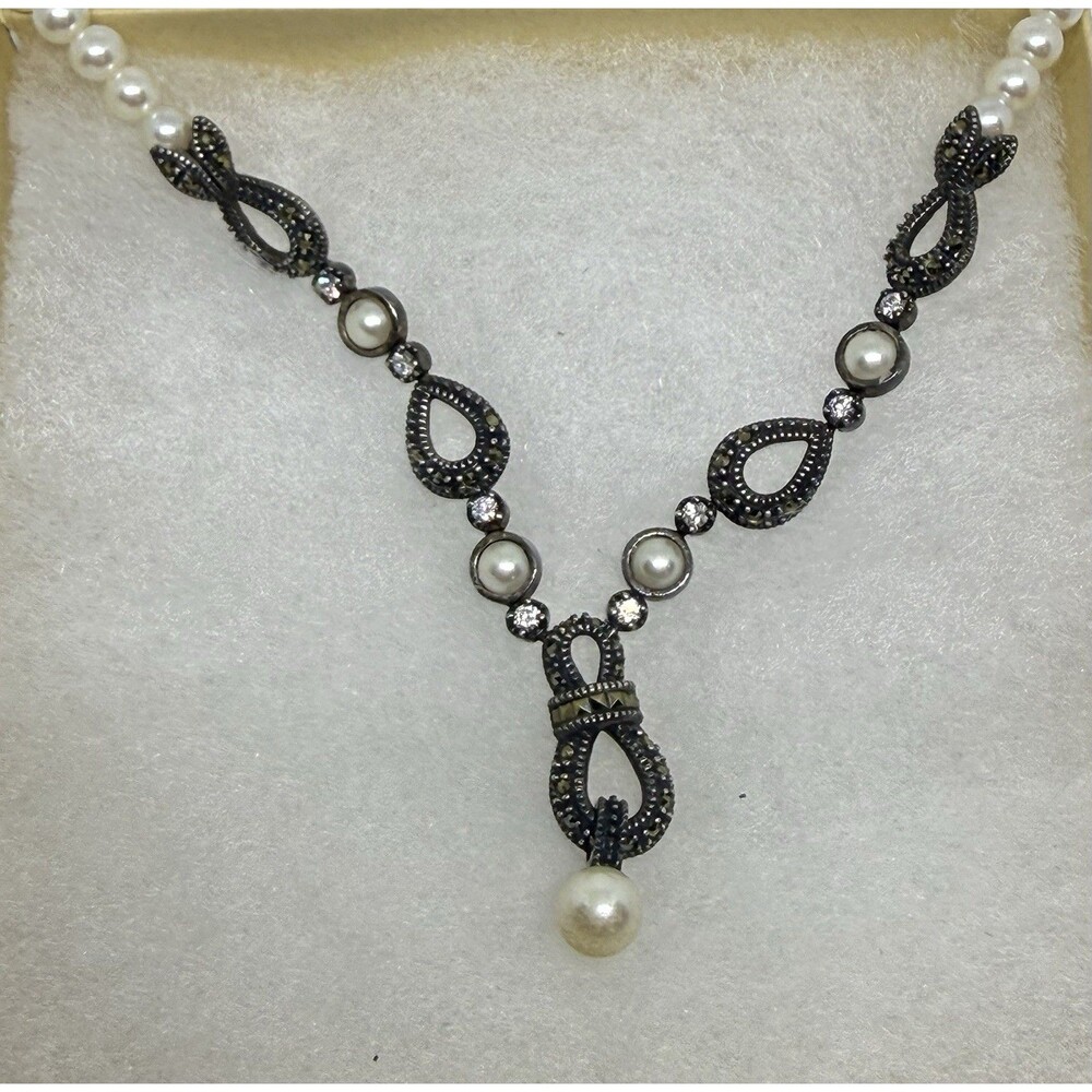 Art Deco Marcasite & Pearl Necklace 925‎ vintage-inspired drop design